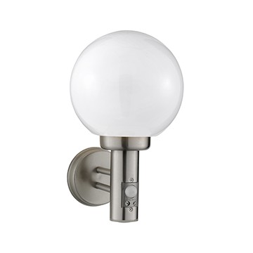 GLOBE - SATIN SILVER OUTDOOR WALL BRACKET COMPLETE WITH SENSOR - POLYCARB BALL. IP44