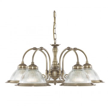 AMERICAN DINER - 5 LIGHT FITTING ANTIQUE BRASS DINER-CLEAR GLASS