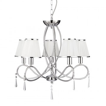 SIMPLICITY - 5 LIGHT CHROME CEILING WITH GLASS DROPS AND WHITE FABRIC STRING SHADES WITH CHROME TRIM