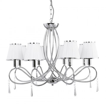 SIMPLICITY - 8 LIGHT CHROME CEILING WITH GLASS DROPS AND WHITE STRING FABRIC SHADES WITH CHROME TRIM