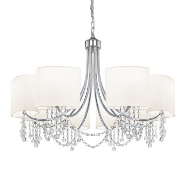 NINA 8 LIGHT CHROME CHANDELIER WITH CLEAR GLASS BUTTONS & WHITE SHADE