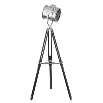 STAGE LIGHT - FLOOR LAMP WITH CHROME SHADE AND BLACK BASE.